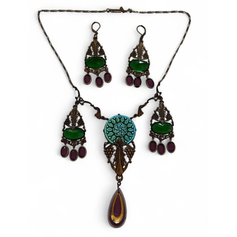 Sadie Green Art Nouveau Revival Bronze & Purple Green Glass Necklace Earring Set